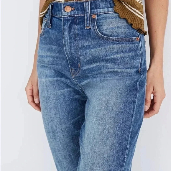 Madewell High Rise Slim Boyjean Raw Edge Hem Medium Blue Wash Distressed - Picture 3 of 13